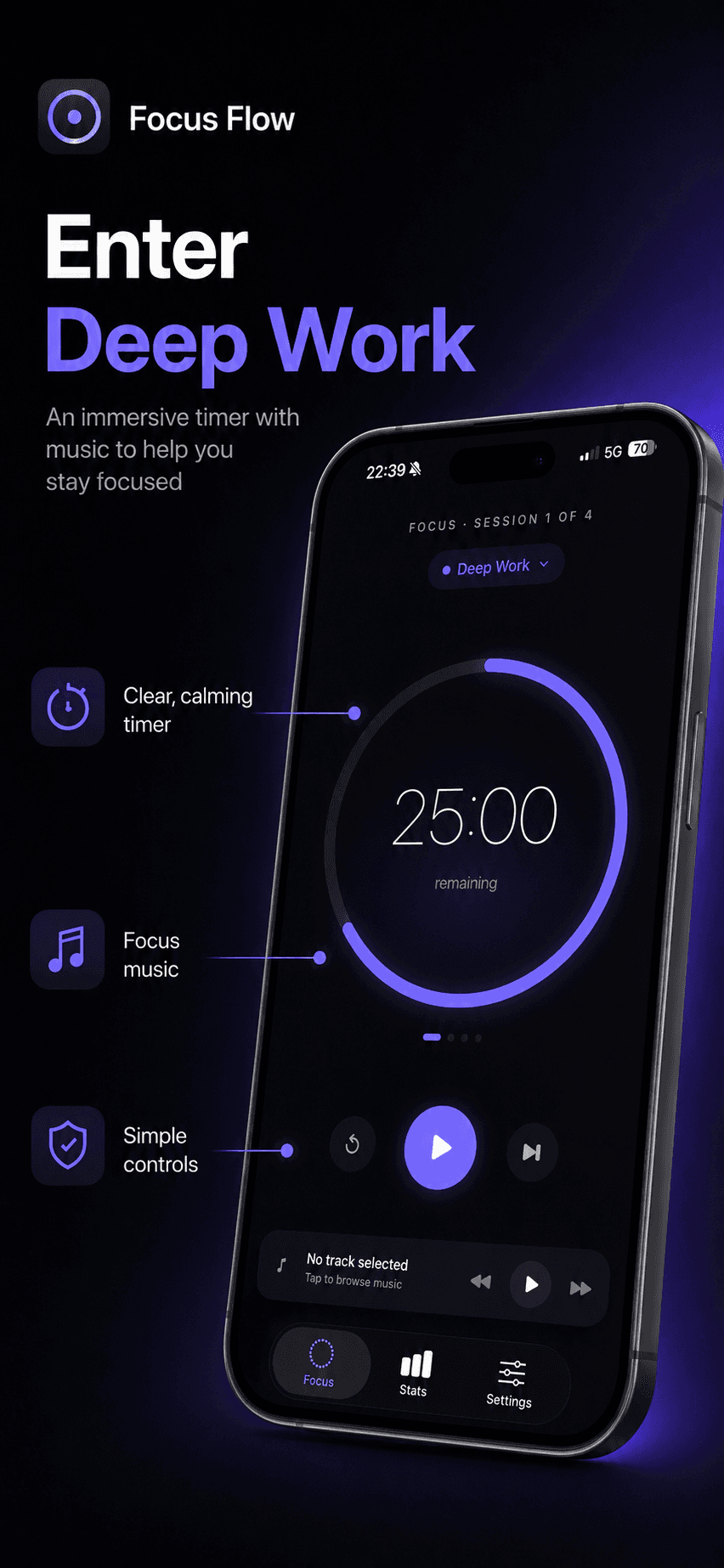 FocusFlow immersive Deep Work timer screen with focus music
