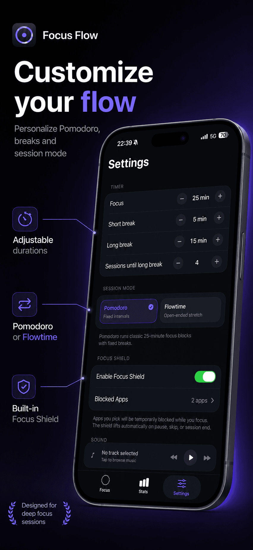 FocusFlow Settings screen with Pomodoro and Flowtime mode picker