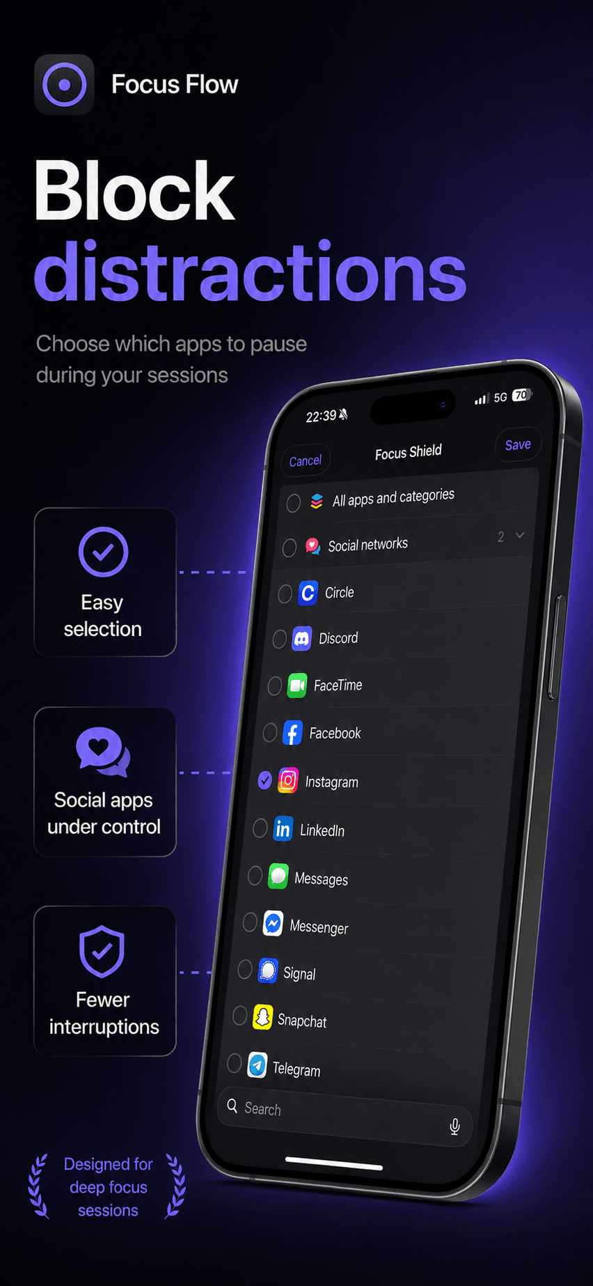 FocusFlow Focus Shield app picker for blocking distractions during a session