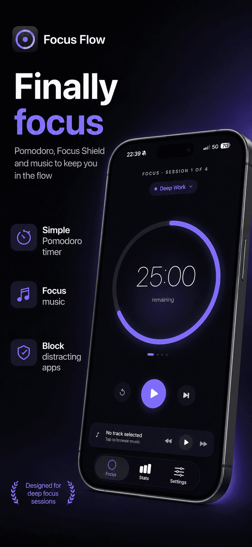 FocusFlow focus timer on iPhone with Pomodoro, focus music, and app blocking